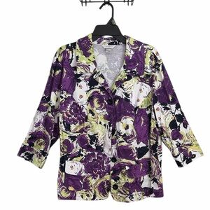 CJ Banks Womens Button Down  Purple Jacket 3/4 Sleeve Floral Pattern Collared 1X